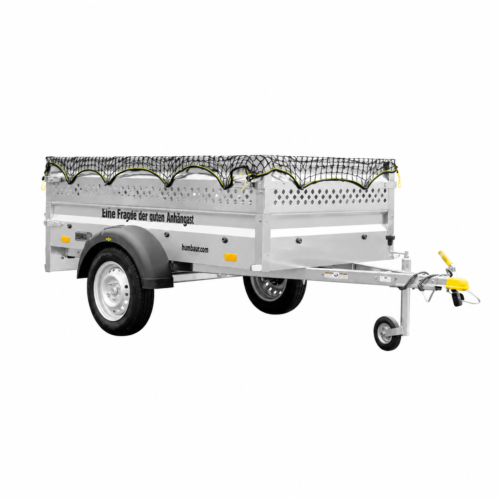 EU23.png Humbaur Steely Projektanhänger 750 kg ungebremst – 2050 × 1095 × 600 mm – Lochblechaufsatz, Netz und Stützrad